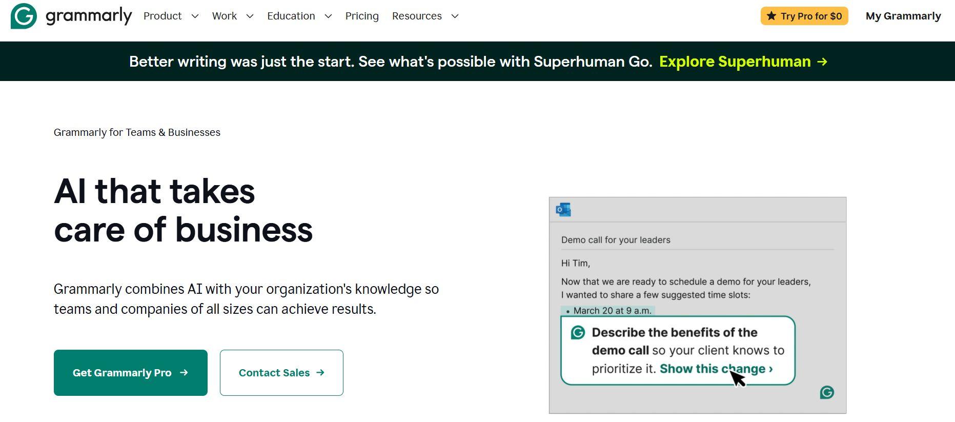 grammarly business web opening page