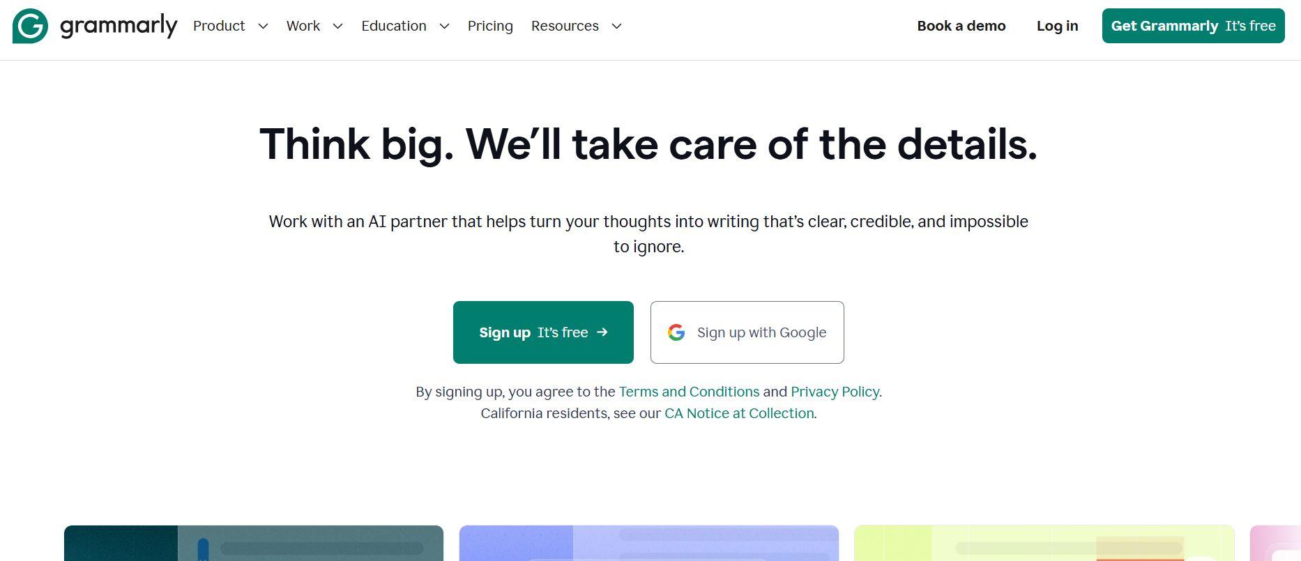 grammarly landing page