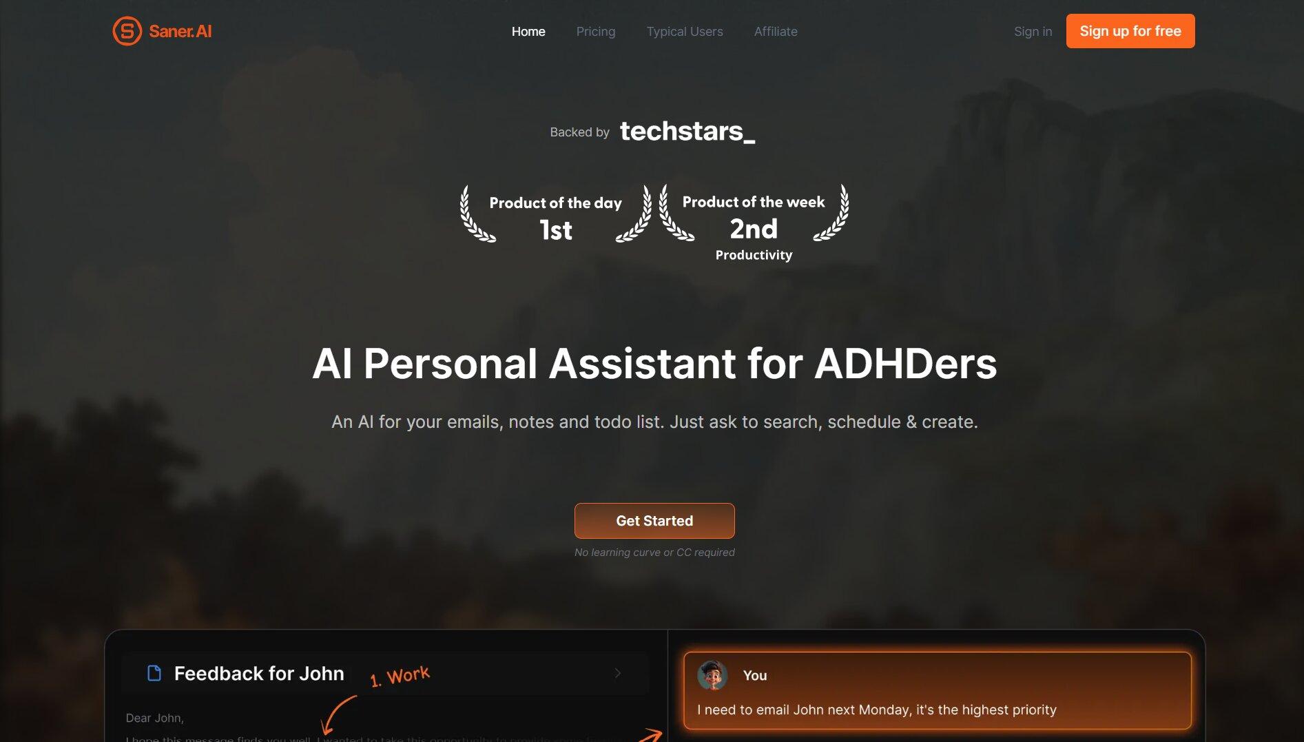 saner ai homepage