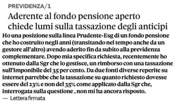 domanda utente tassazione anticipazioni fondo pensione