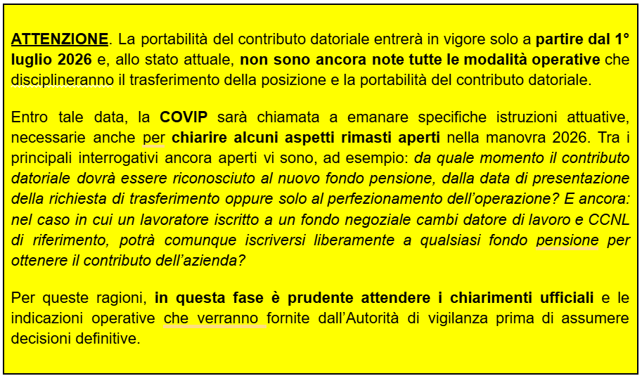 nota portabilità contributo datoriale 1 luglio 2026 COVIP