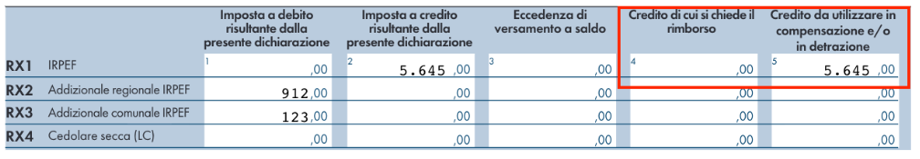dettaglio quadro RX credito in compensazione detrazione