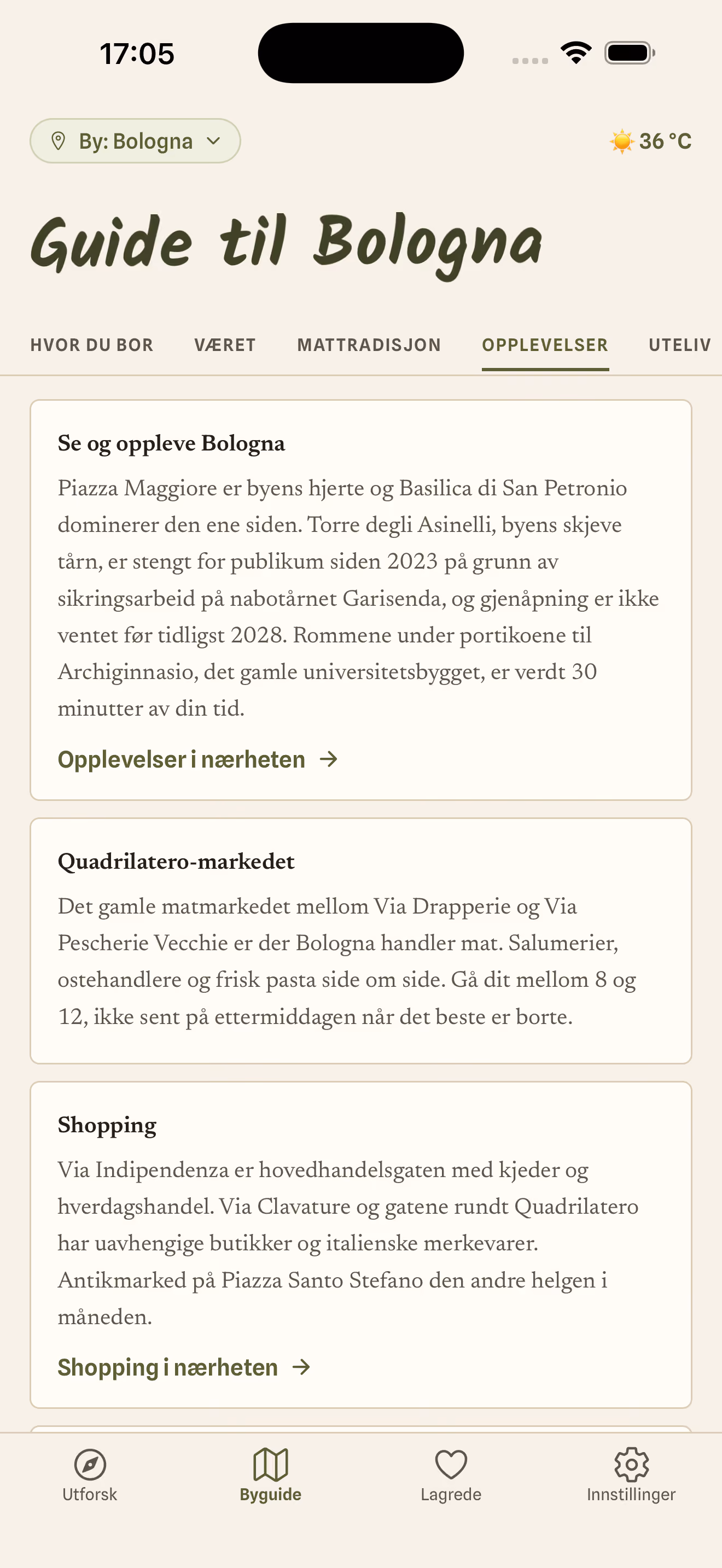Skjermbilde fra appen: håndplukket sted med adresse og åpningstider