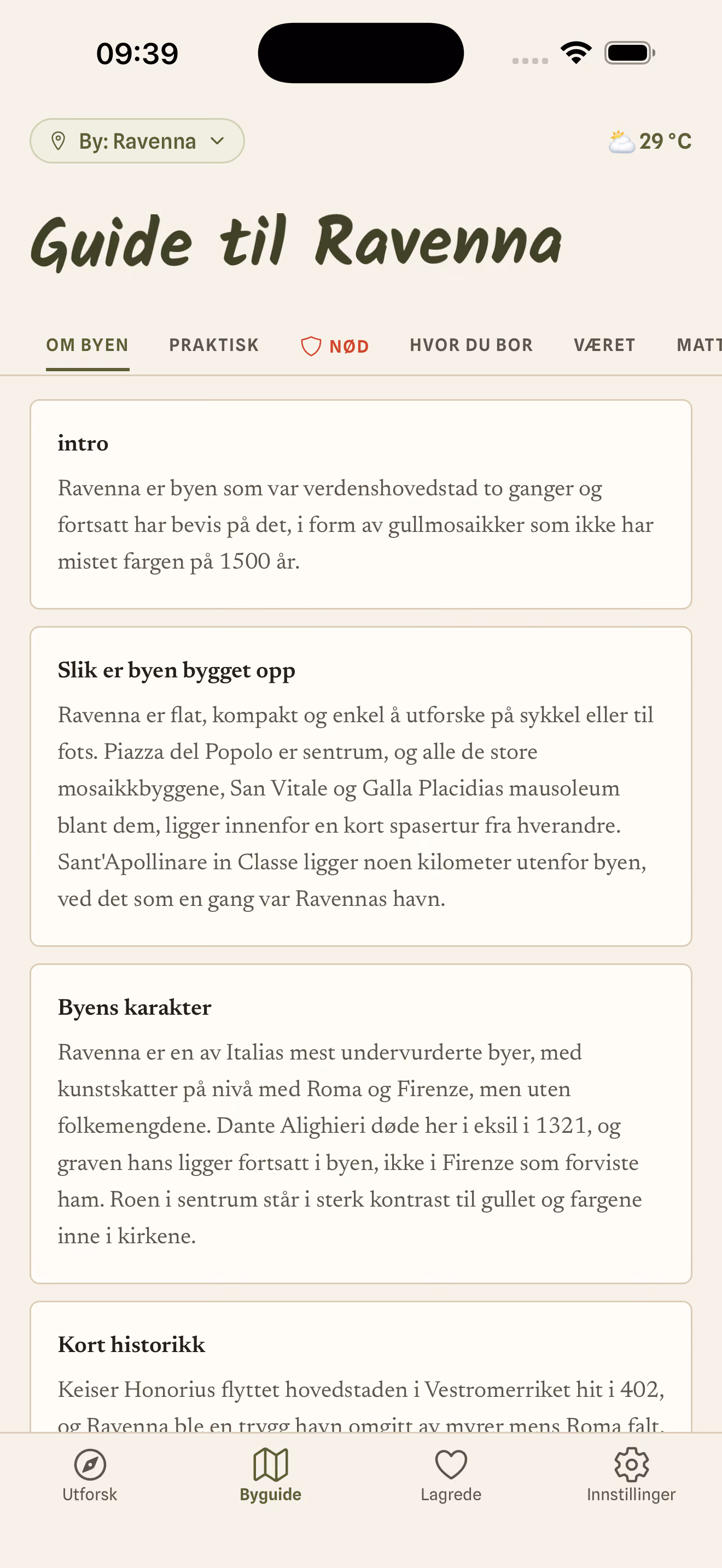 Skjermbilde fra appen: håndplukket sted med adresse og åpningstider