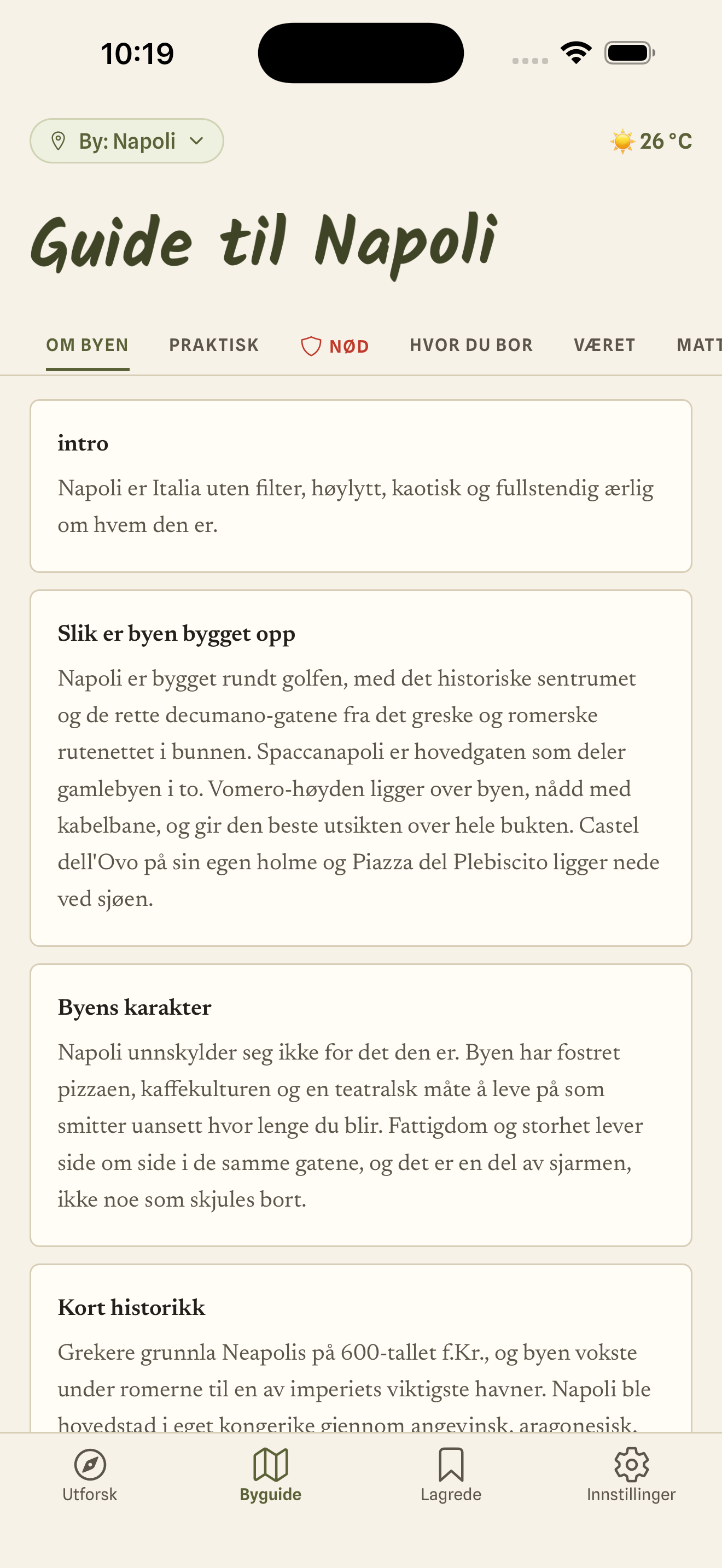 Skjermbilde fra appen: håndplukket sted med adresse og åpningstider
