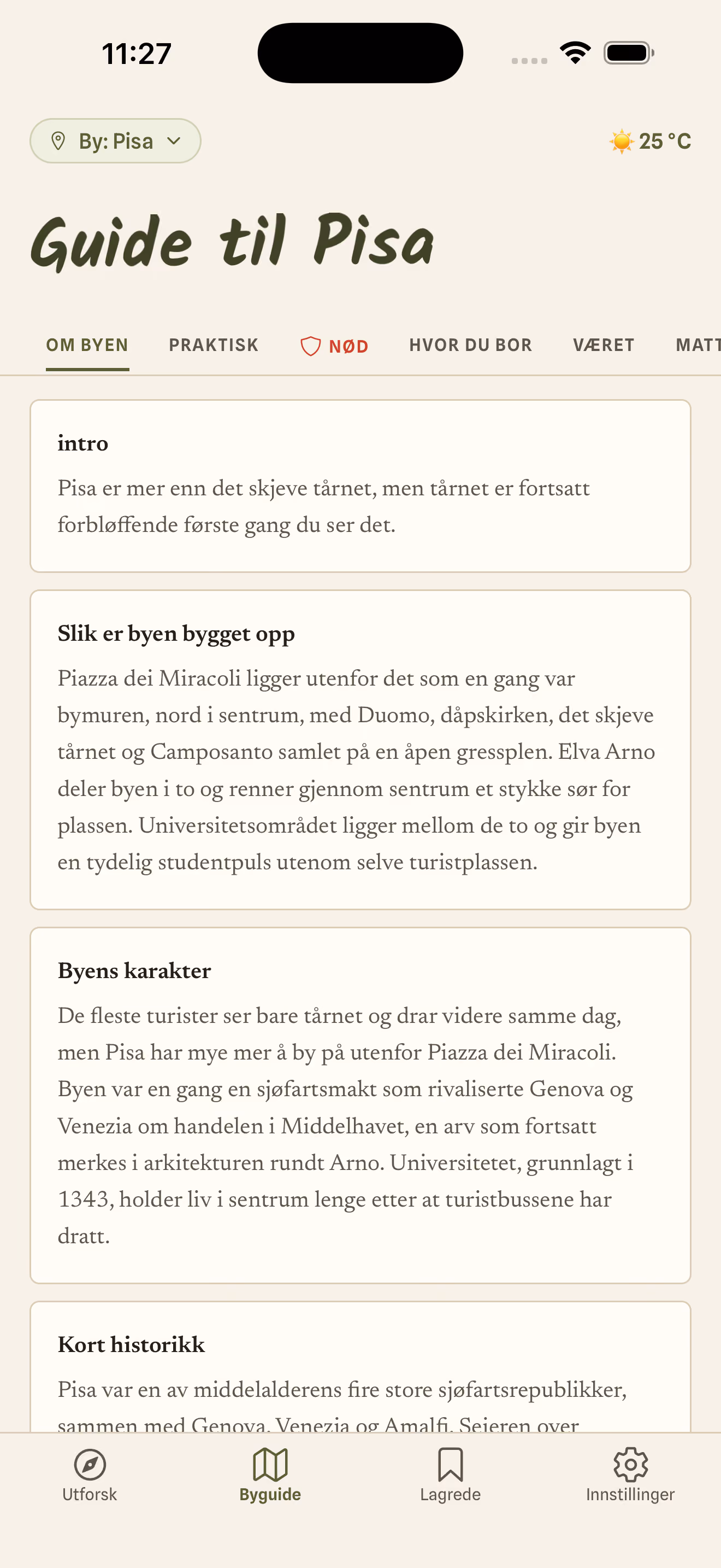 Skjermbilde fra appen: håndplukket sted med adresse og åpningstider