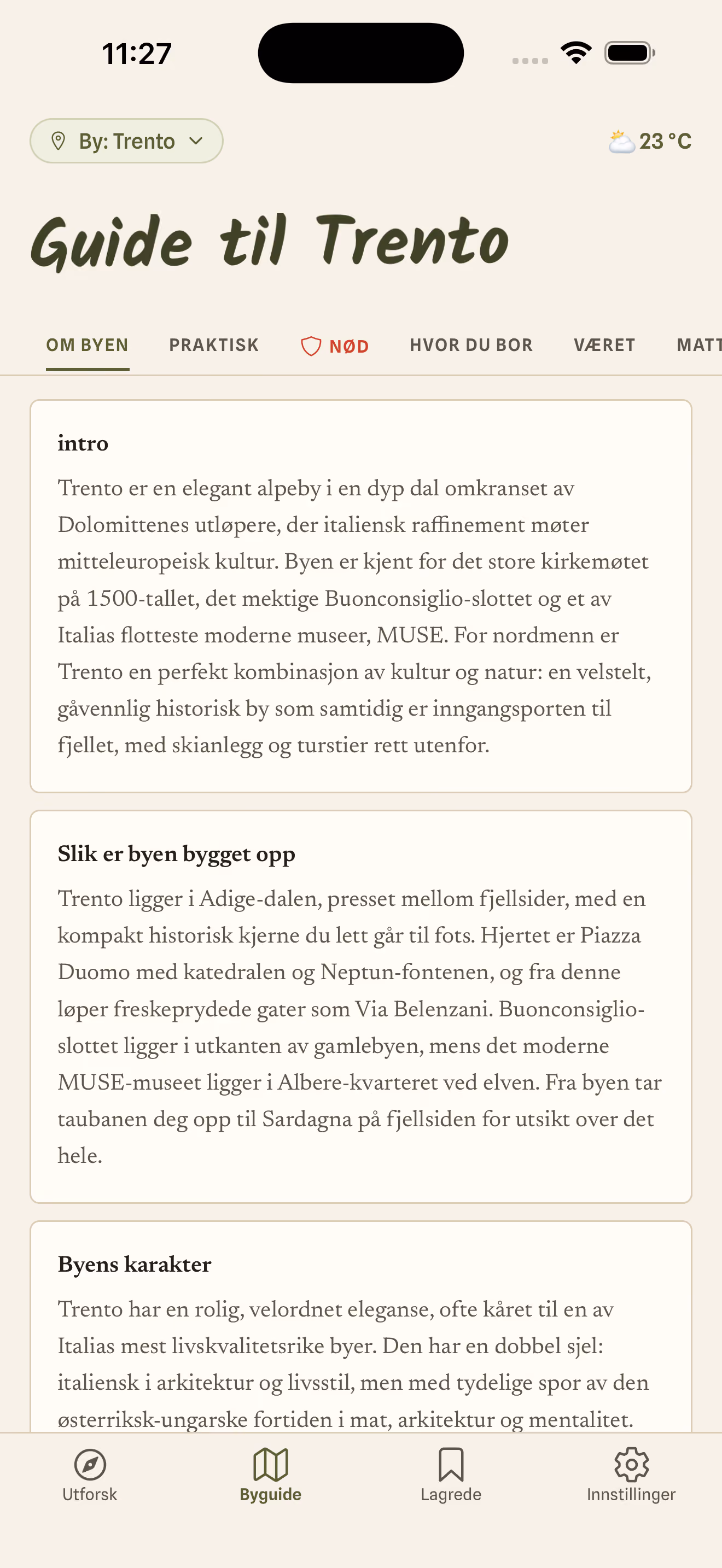 Skjermbilde fra appen: håndplukket sted med adresse og åpningstider