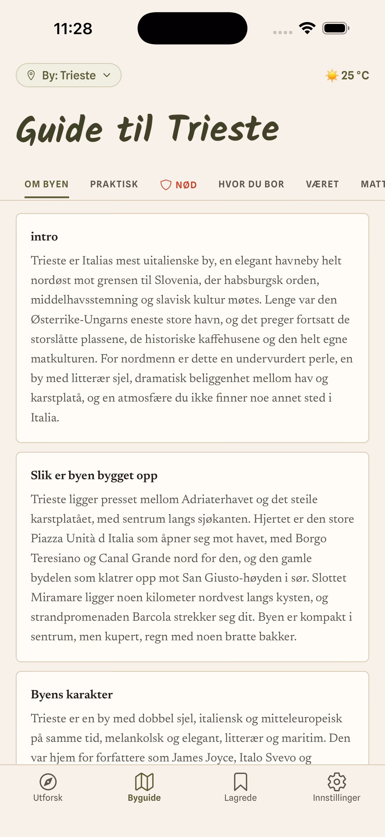 Skjermbilde fra appen: håndplukket sted med adresse og åpningstider