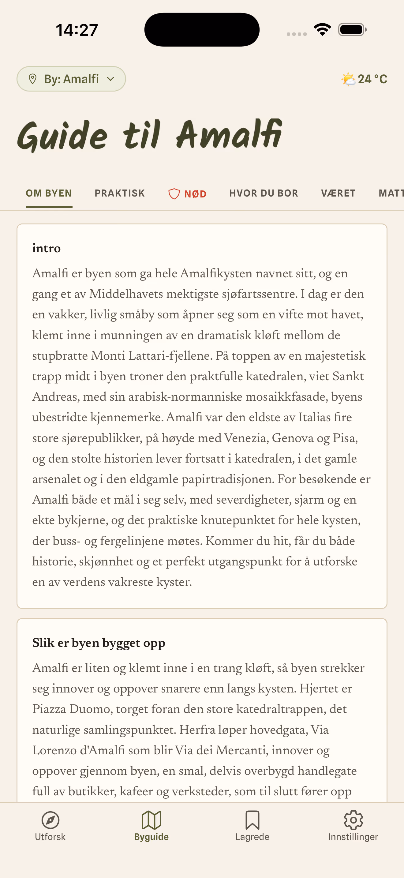 Skjermbilde fra appen: håndplukket sted med adresse og åpningstider