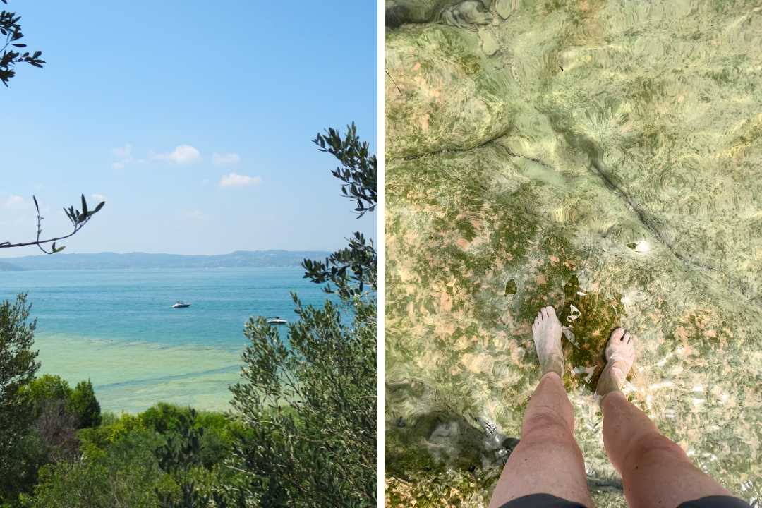 Jamaica Beach i Sirmione – utsikt over Gardasjøen og føtter i det klare vannet