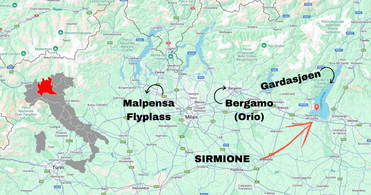 Kart som viser plasseringen av Sirmione ved Gardasjøen og nærhet til Malpensa og Bergamo flyplasser