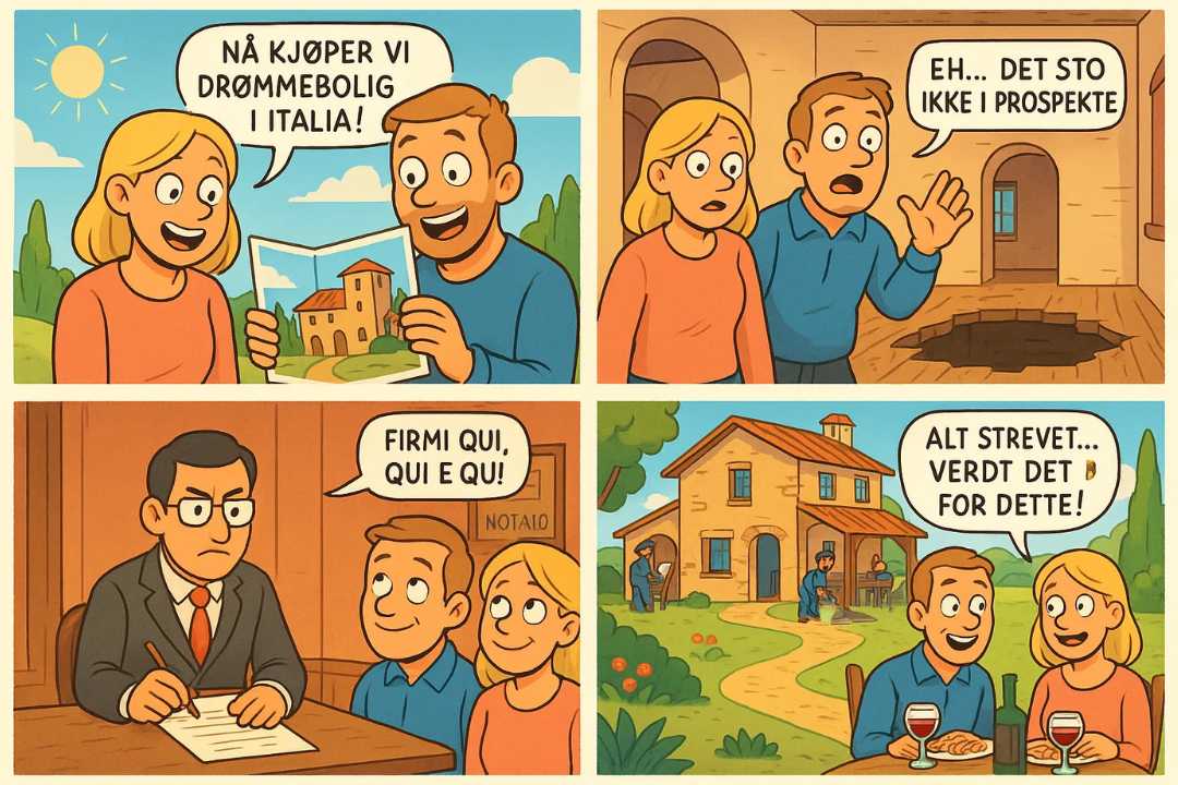 Tegneserie om prosessen med å kjøpe drømmebolig i Italia