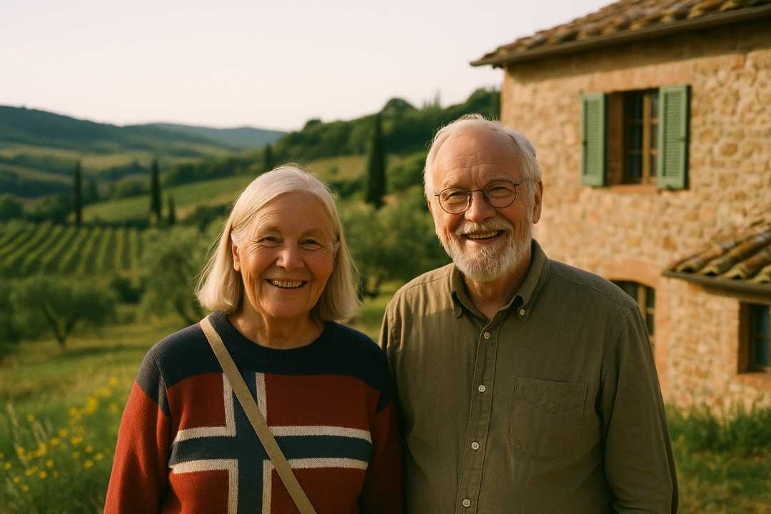 Eldre norsk par foran steinhus i Italia