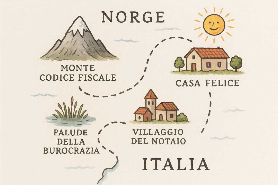 Illustrert kart over boligkjøpsprosessen fra Norge til Italia