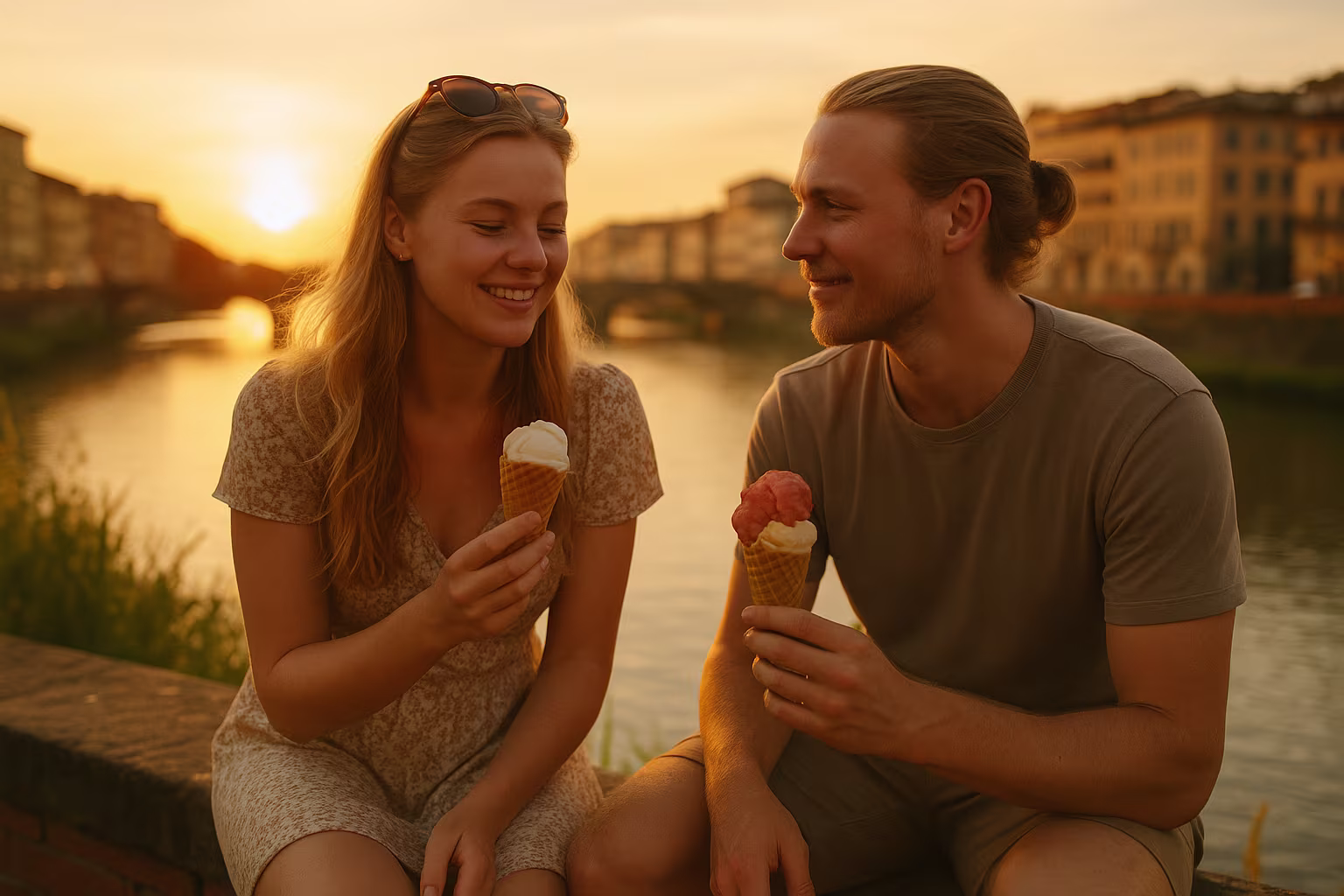 Norsk par nyter la dolce vita ved Arno-elven i Firenze med gelato.