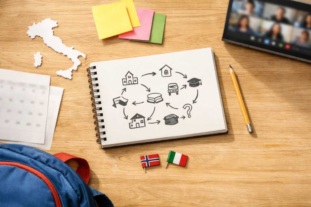 Planlegging av skolevalg i Italia for norsk familie med notater, kalender og norsk/italiensk symbolikk.