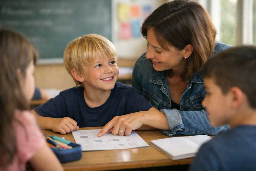 Nytt barn i italiensk klasserom får støtte av lærer ved oppstart uten å kunne italiensk.