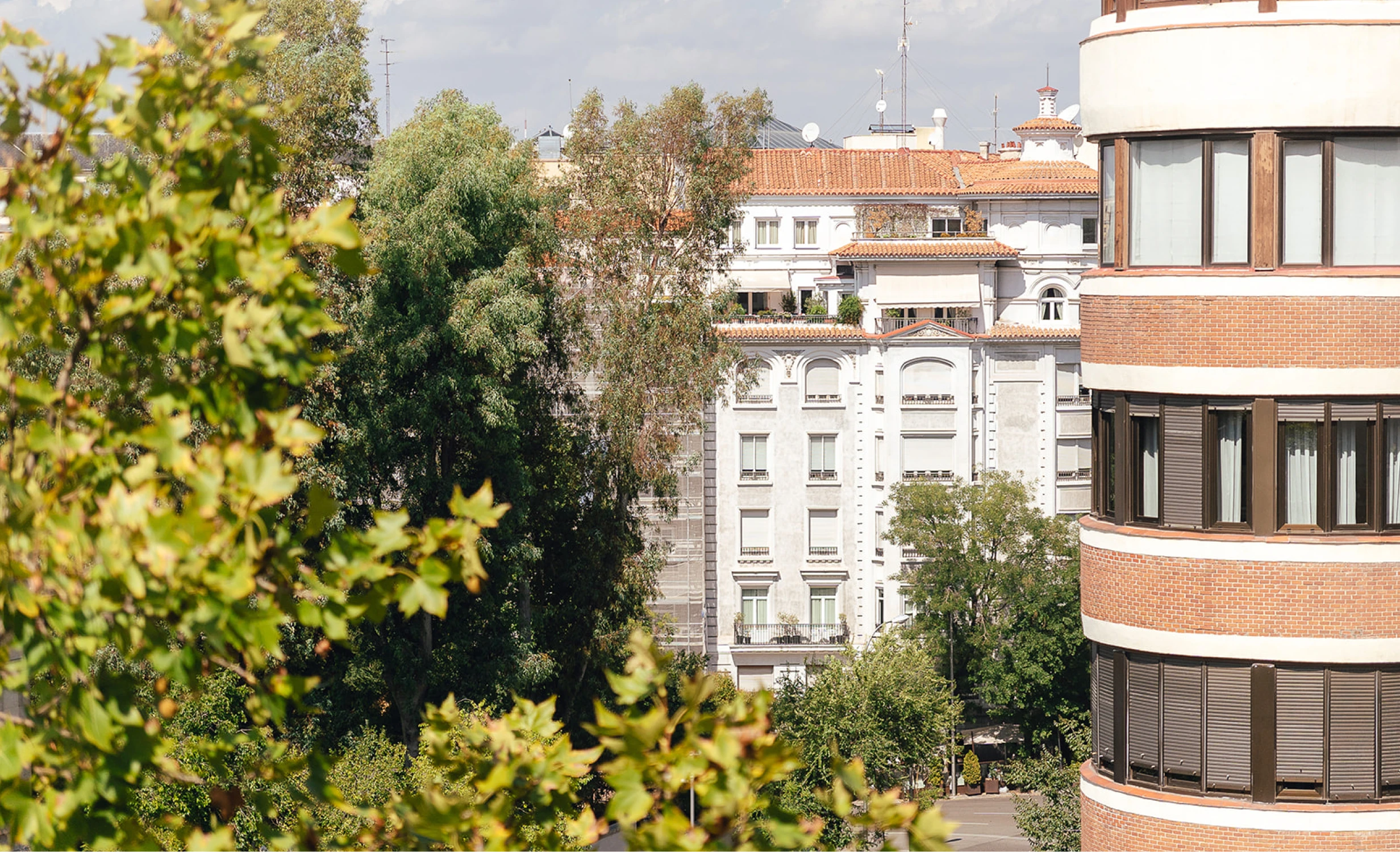 Vista panorámica de edificios residenciales en Madrid con arquitectura mixta, terracota y fachadas blancas entre vegetación urbana
