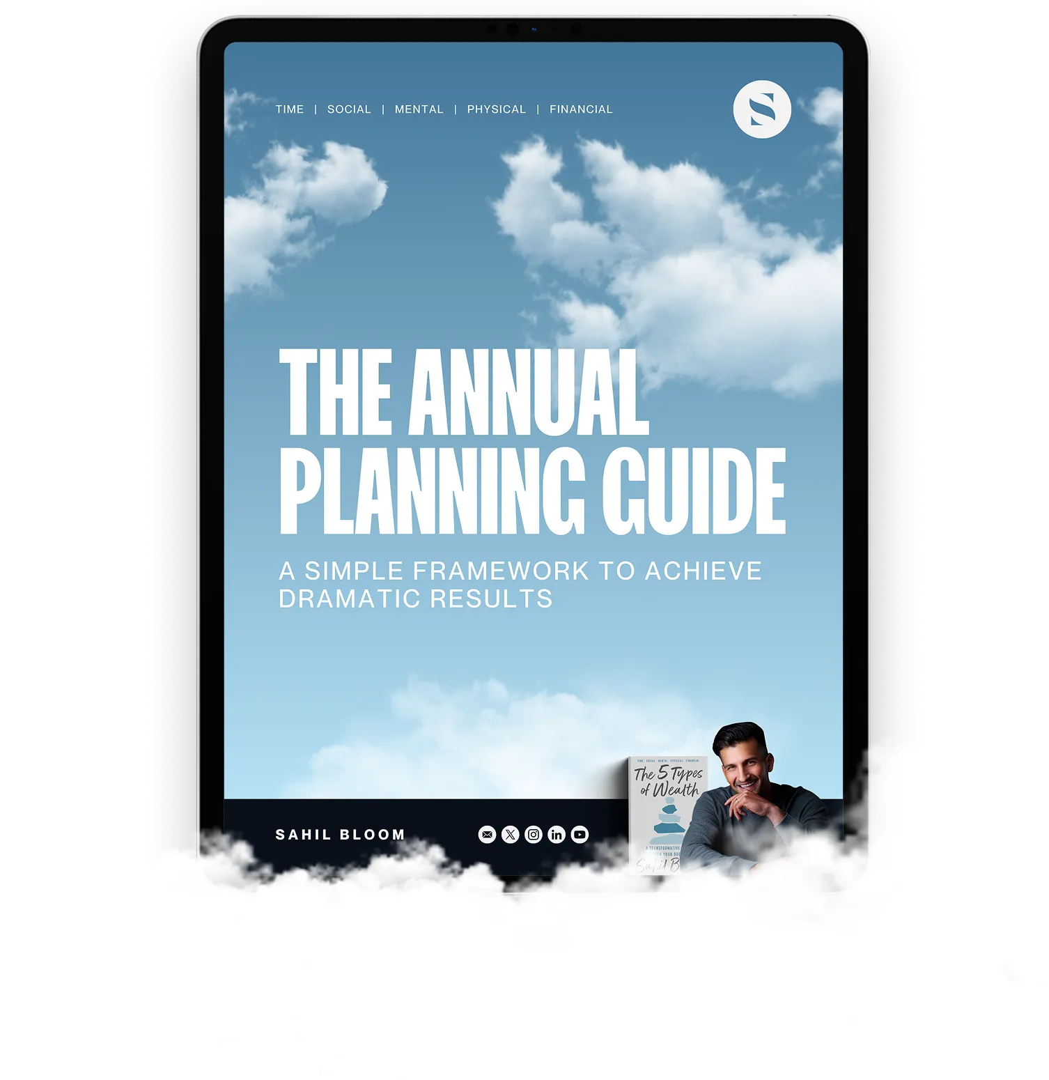 Tablet screen showing 'The Annual Planning Guide', featuring author Sahil Bloom and his book 'The 5 Types of Wealth'.
