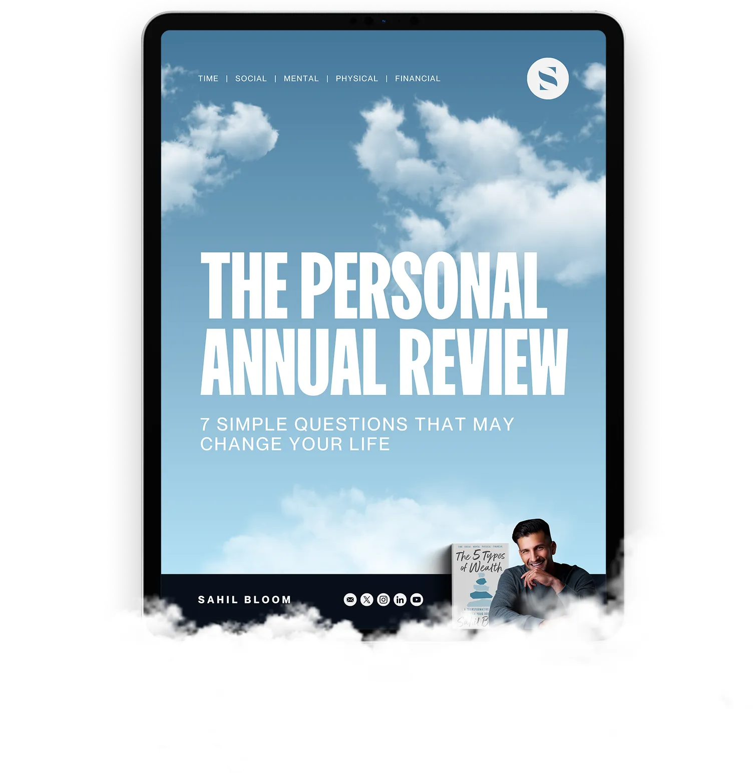 Tablet screen showing 'The Personal Annual Review', featuring author Sahil Bloom and his book 'The 5 Types of Wealth'.