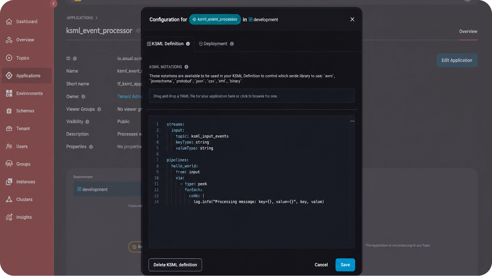 Axual schema registry with schema versions and compatibility settings for a topic