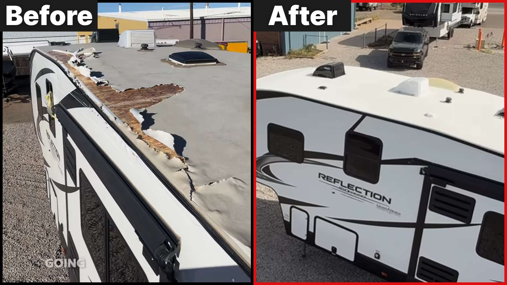 Before and after photo of an RV roof after Fiberglass Worx has fixed it