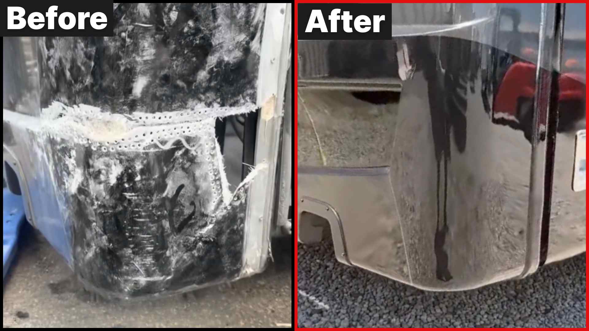 Before and after photo on a Newmar Ventana after a fiberglass repair at Fiberglass WorX