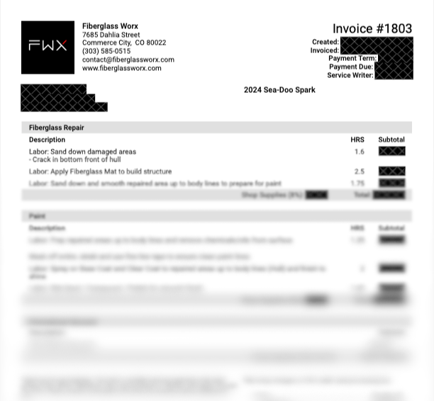 A damaged camper front cap with the fiberglass hole sealed and bonded with fiberglass hairs. It is ready to be sanded and painted.