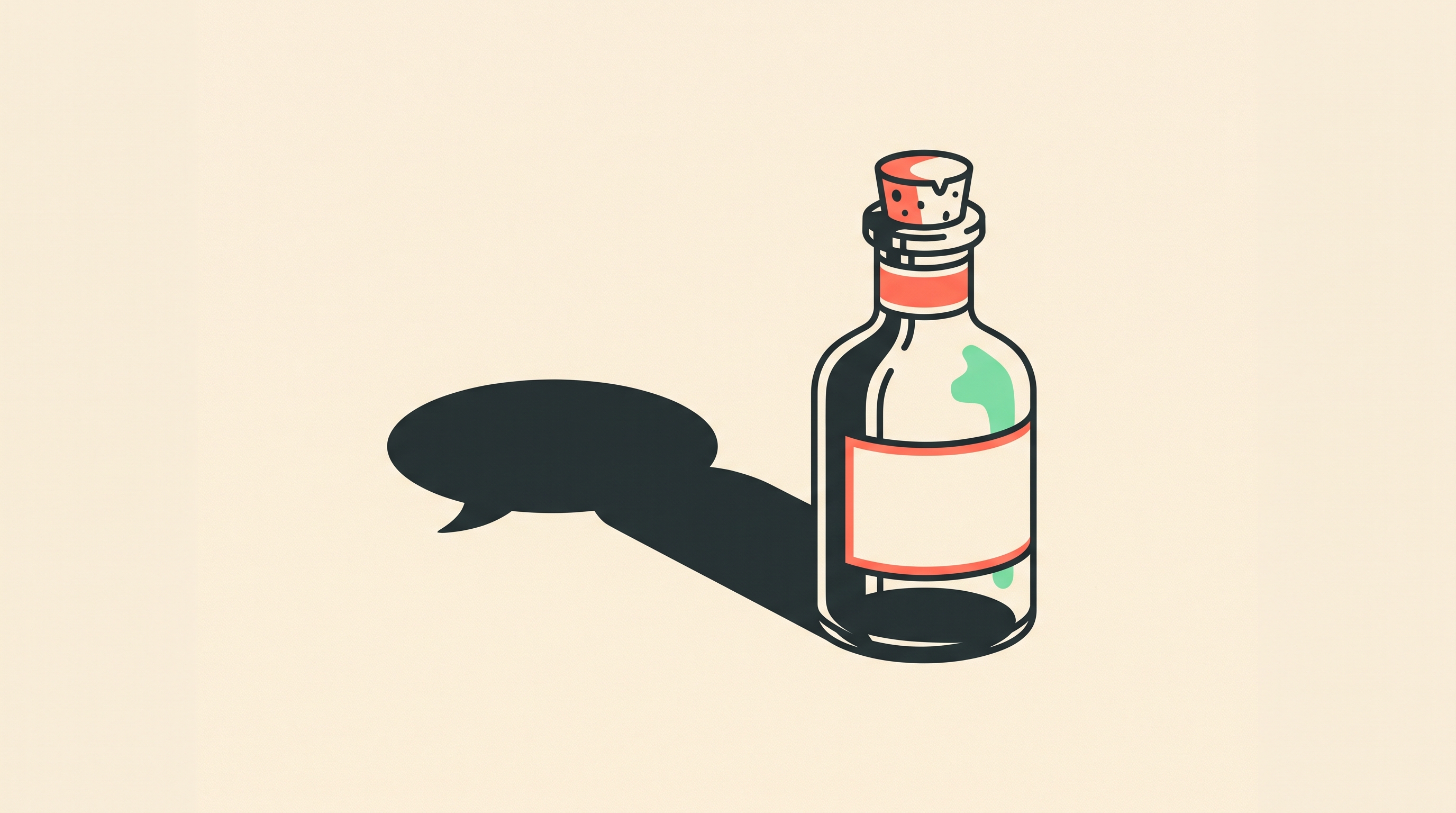 Illustration of an antique tonic bottle whose shadow forms a chat bubble