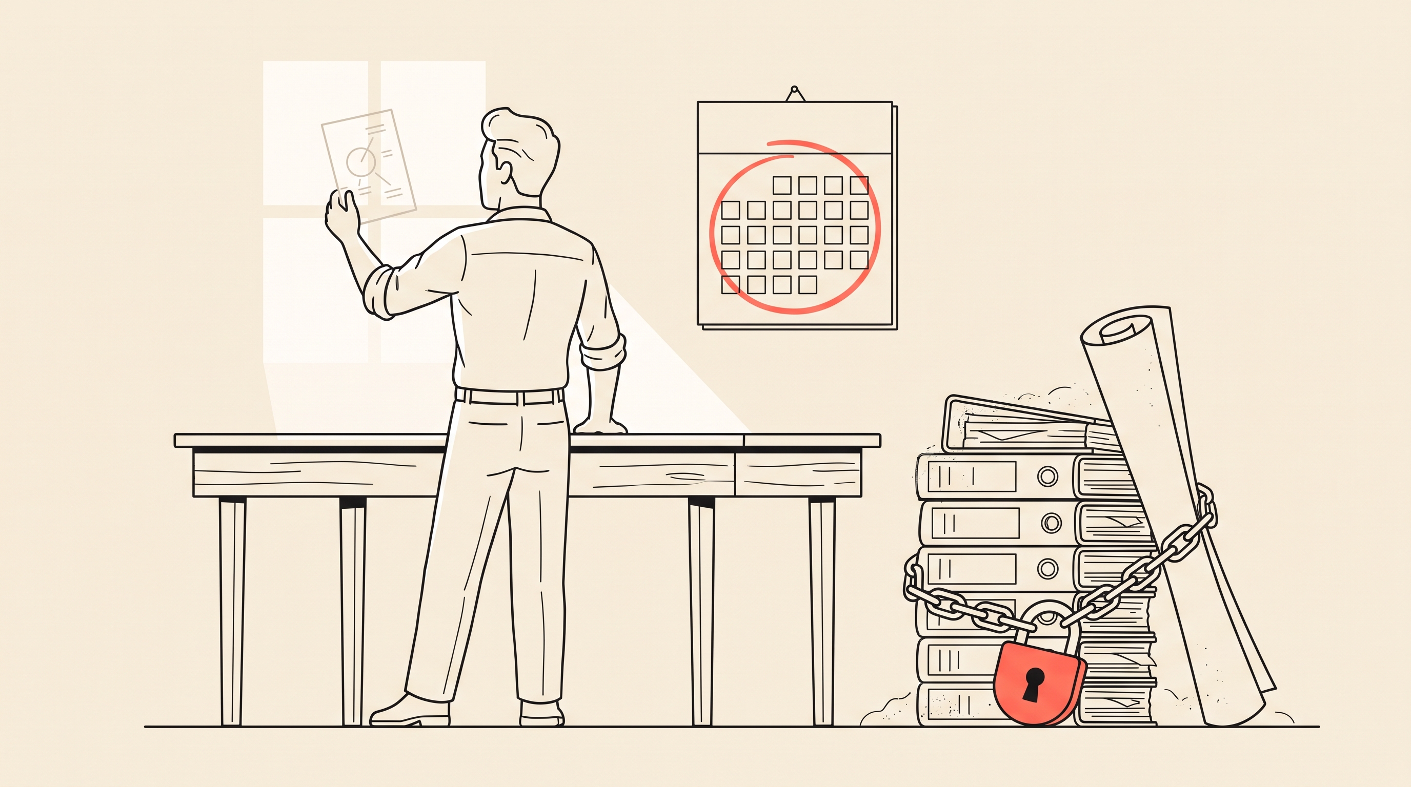 Illustration of a founder holding up a one-page plan beside a pushed-aside stack of bound reports and a padlocked contract, with a one-month calendar circled on the wall