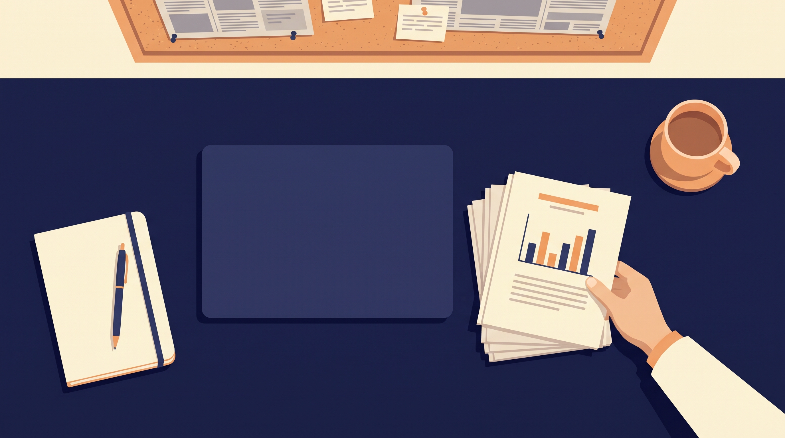 Illustration of a hand sliding a stack of printed research reports with bar charts across a reporter's desk, next to a laptop, notebook, and coffee, with newspaper clippings pinned on a corkboard