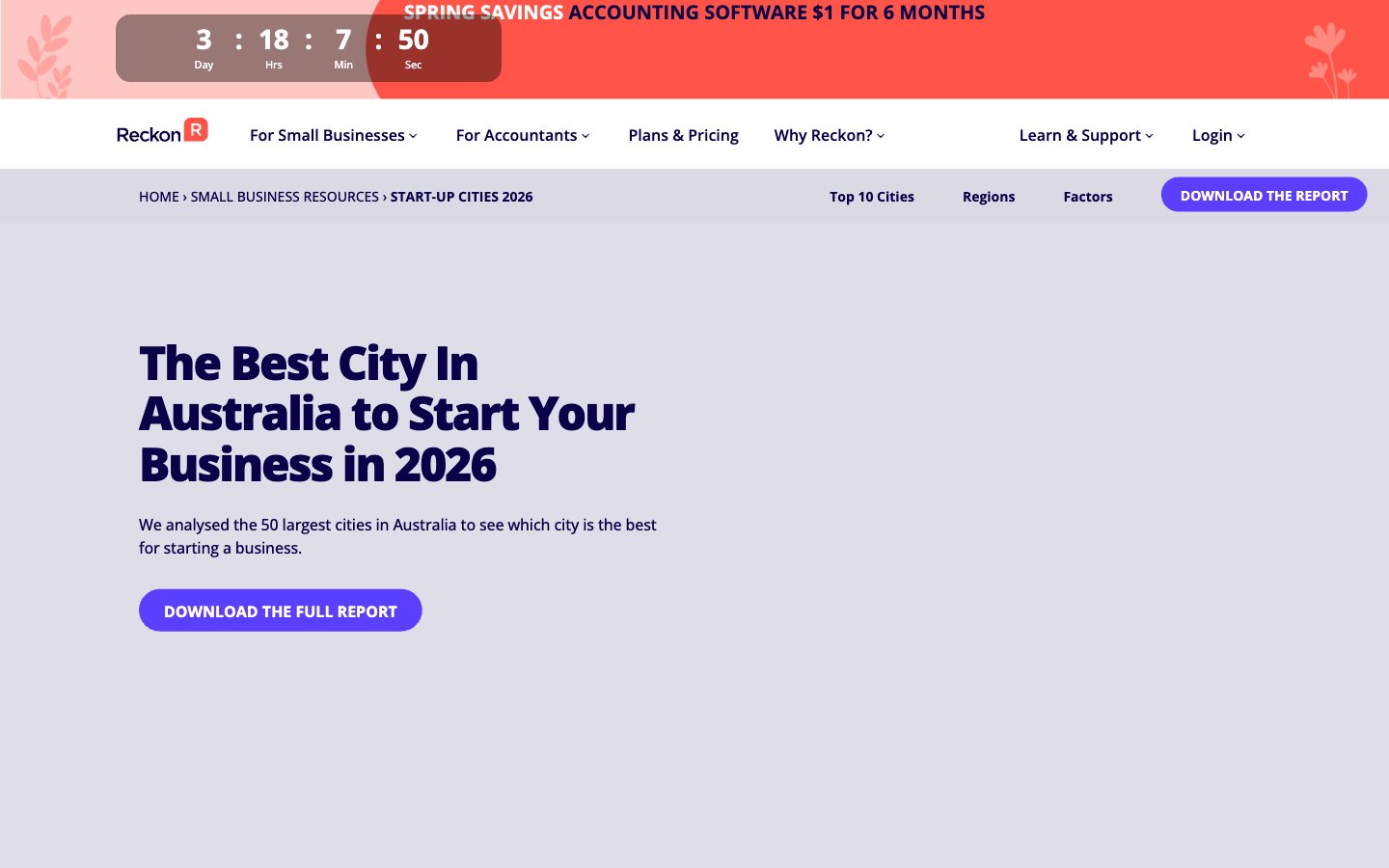 Reckon's Startup Cities campaign page, headed The Best City in Australia to Start Your Business