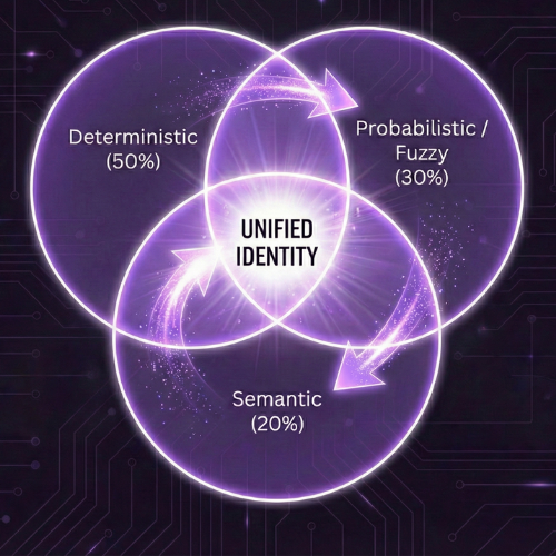 How DarkMatch Works - Stage 1: Augmented Deterministic Matching The process begins with rule-based deterministic matching, enhanced by an ML-based scoring mechanism. This mechanism assigns dynamic scores to attributes and derived rules—weighing a match on Social Security Number higher than Phone Number, for example. Intelligent thresholds augment traditional rules with statistical confidence rather than binary pass/fail logic. This stage handles approximately 60% of records where strong identifiers exist. Stage 2: Probabilistic Fuzzy Matching For records that don't trigger deterministic matches, DarkMatch deploys our high-performance probabilistic record linkage library implementing the Fellegi-Sunter model. Using Expectation Maximization (EM) algorithms, it performs unsupervised learning on the dataset to calculate match probabilities even when unique identifiers are missing. This stage resolves approximately 30% of records through statistical inference on name similarity, address proximity, and behavioral correlation. Stage 3: AI-Powered Semantic Matching The final 10% of records—the hardest edge cases—are resolved through DarkMath's proprietary LLMs analyzing Semantic Gravity. Rather than comparing strings, the system analyzes behavioral and semantic clusters. Two records with different names but identical spending patterns, device fingerprints, and location histories are recognized as the same identity. The AI asks contextual questions ("Are '123 Main St, Suite A' and '123 Main St #A' the same location?") to resolve ambiguity with human-level understanding.