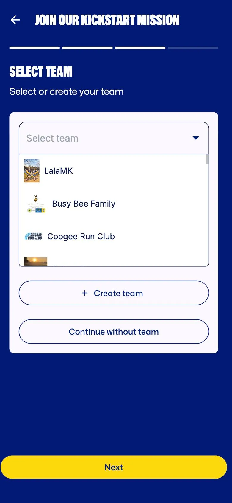 Pledge app screen for selecting or creating a team when joining a mission