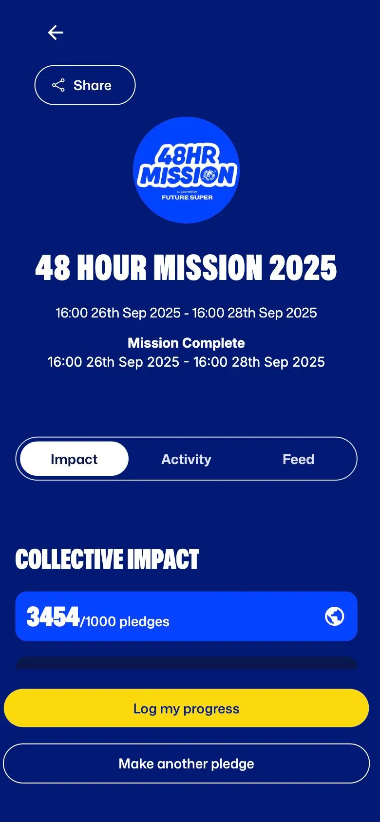 Pledge app 48 Hour Mission screen showing collective pledges logged