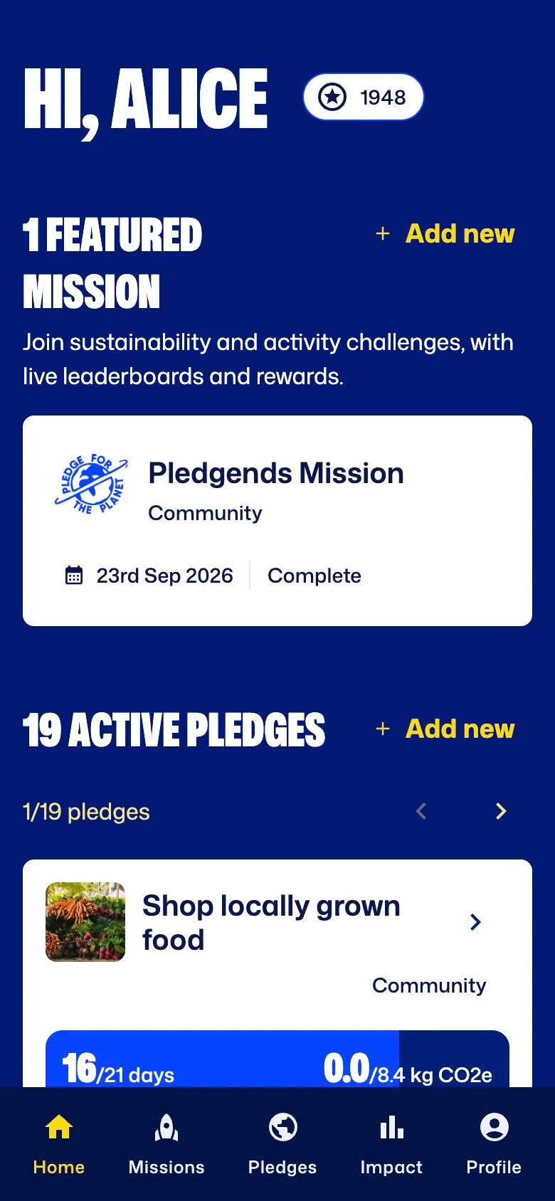 Pledge app home screen showing a featured mission and active pledge progress