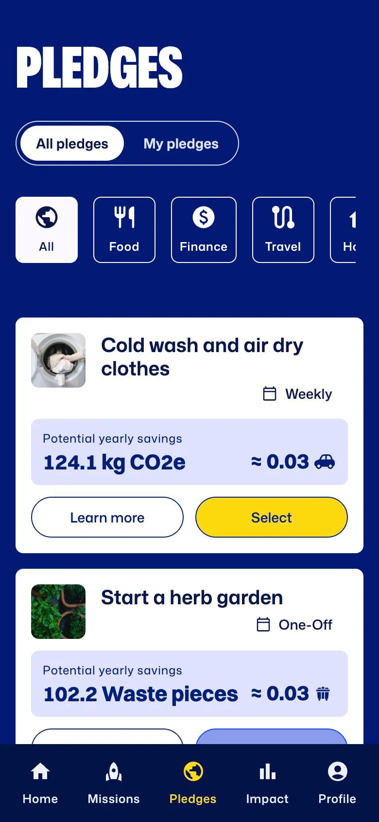 Pledge app screen listing pledges with their yearly CO2e and waste savings