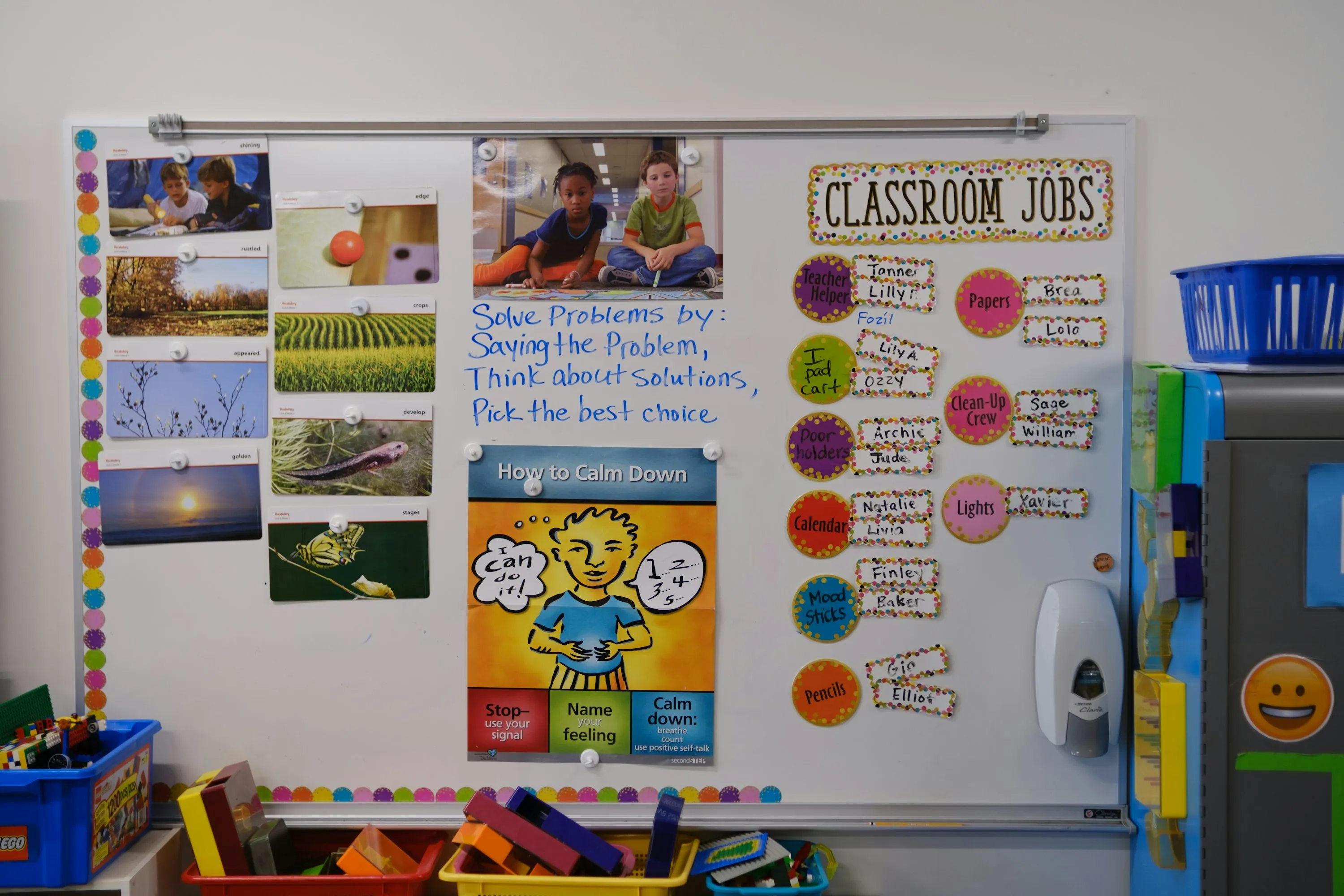 A classroom wall of charts, posters and student name tags