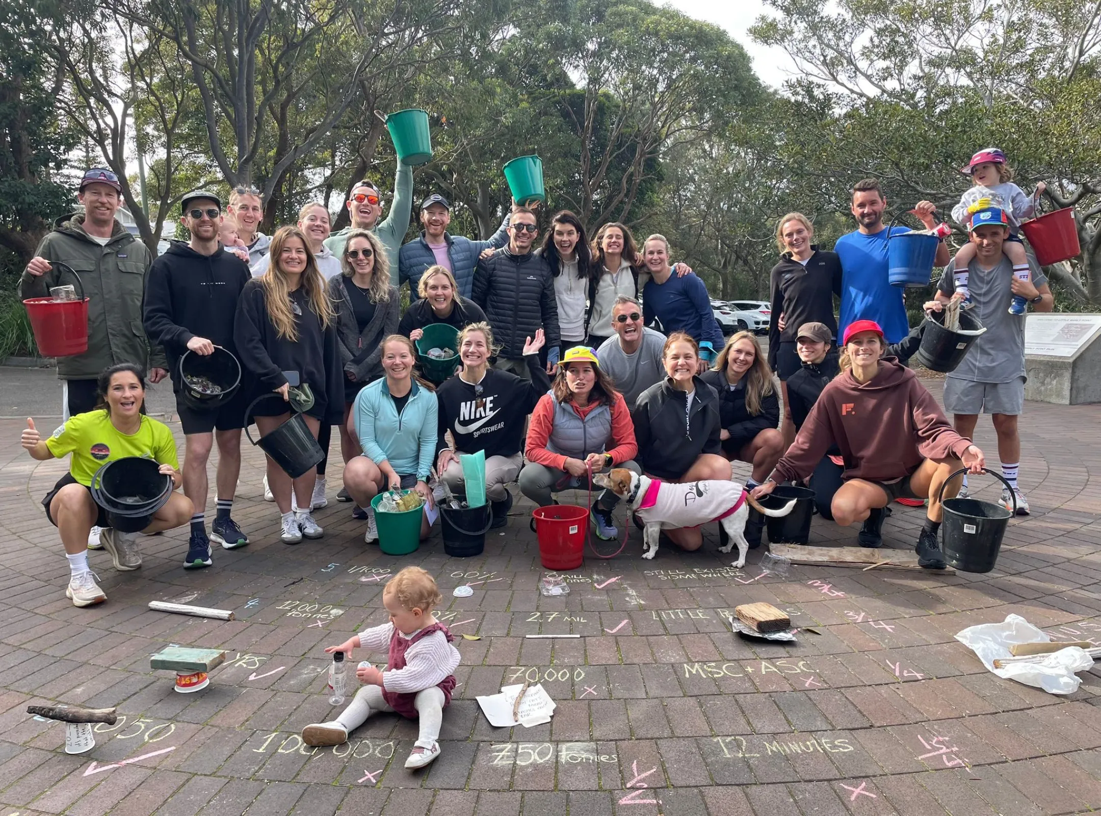 A large group holding buckets after a plogging clean-up