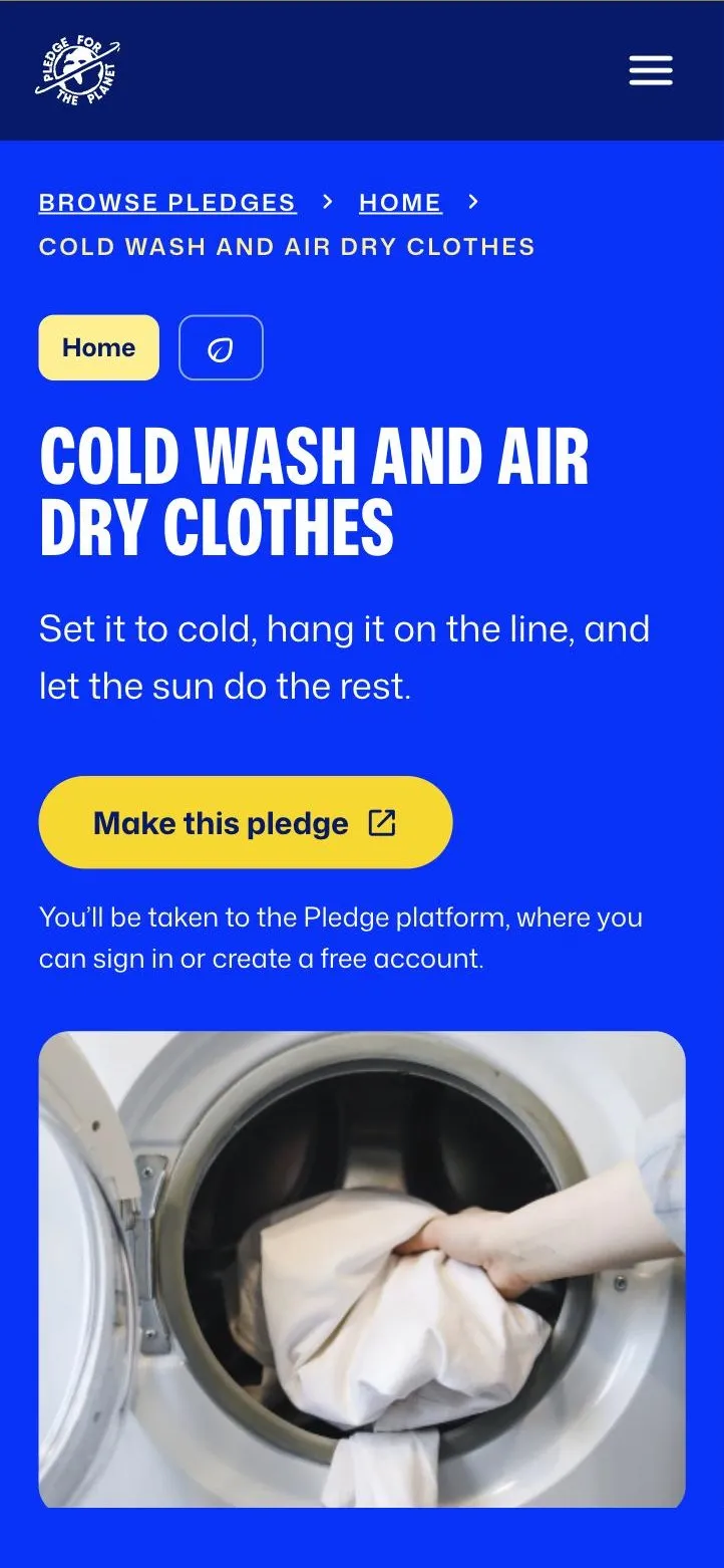 The new Pledge pledge page for Cold wash and air dry clothes, with a Make this pledge button