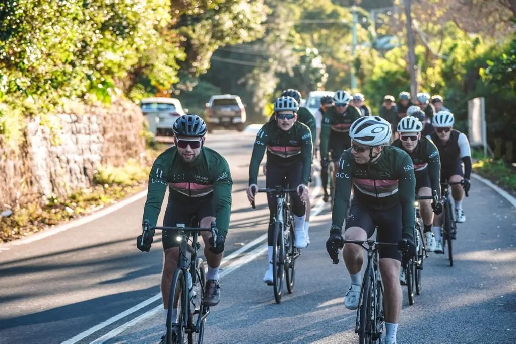 A bunch of cyclists in club kit ride towards the camera along a sunlit, tree-lined road