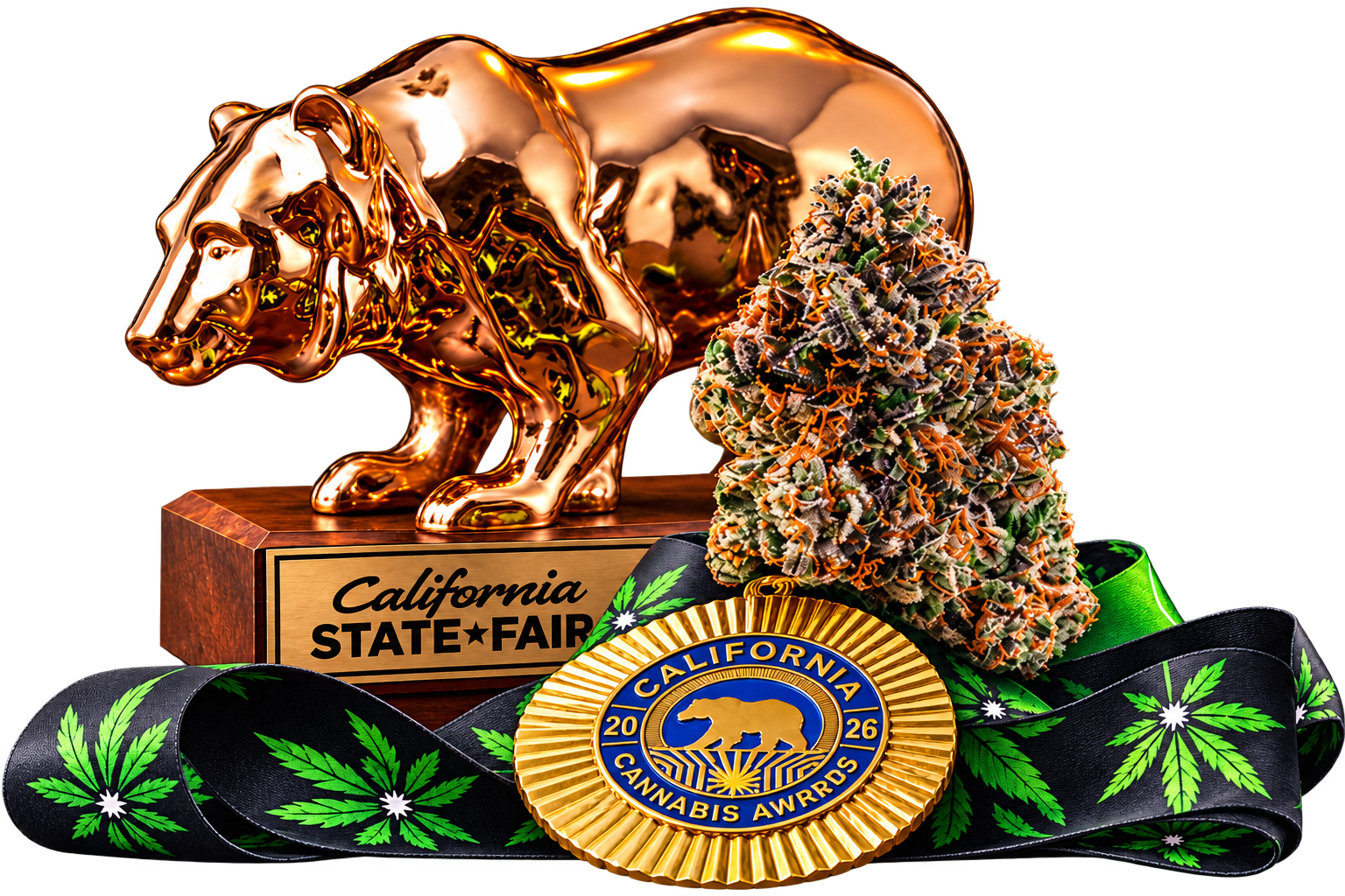 Concept collage of a Golden Bear trophy, Woodzy flower and award medal