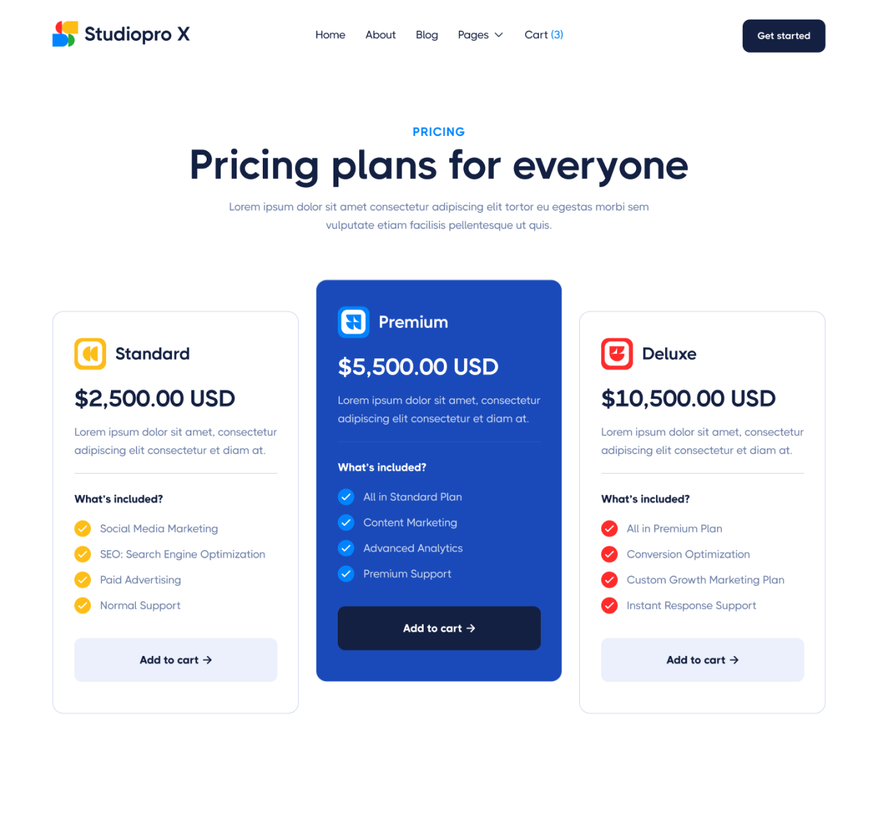 Studiopro X - Packages page - Inbound Marketing Agency Webflow Template