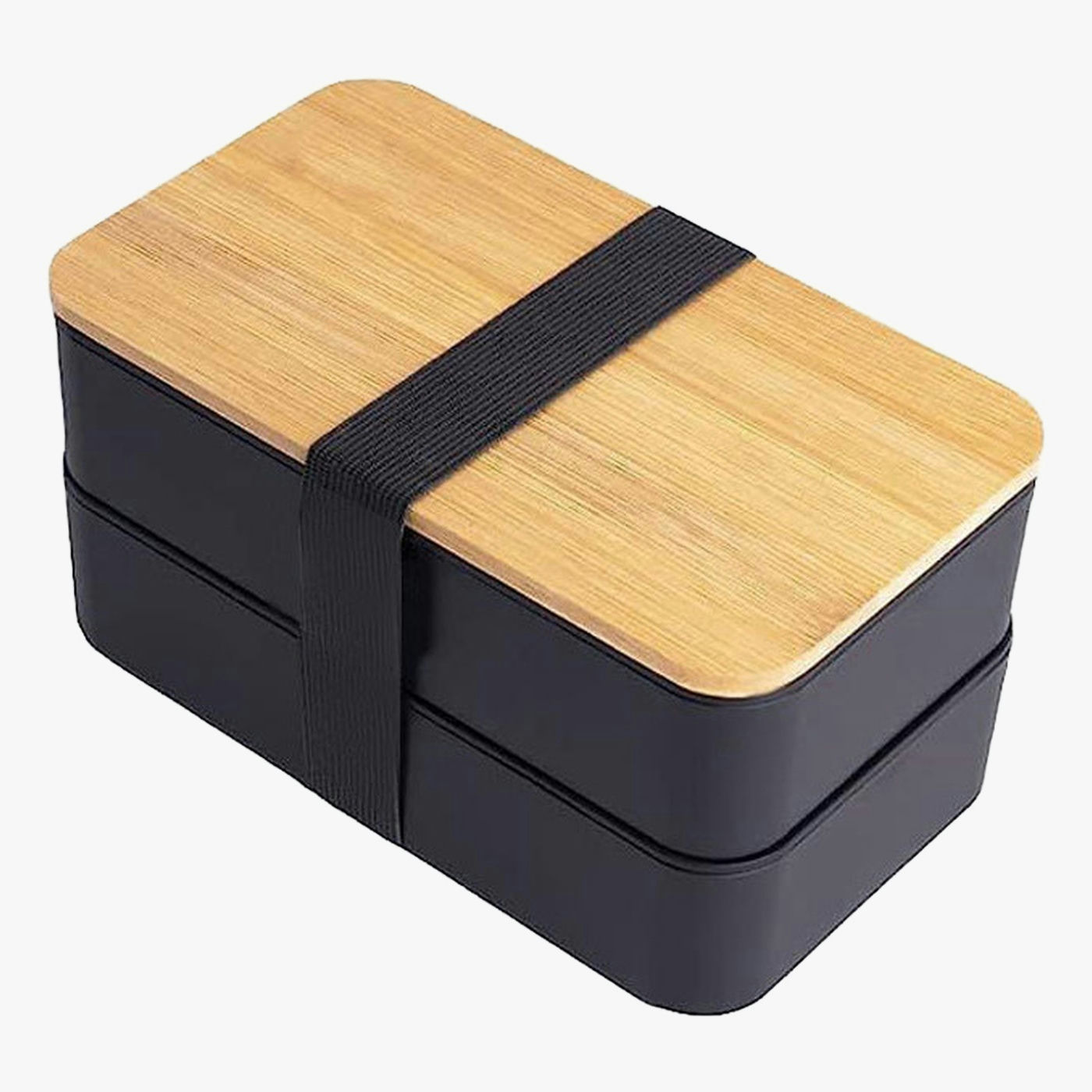 Two-tier bento lunch box with bamboo lid and cutlery in black, a custom logo corporate gift in Singapore