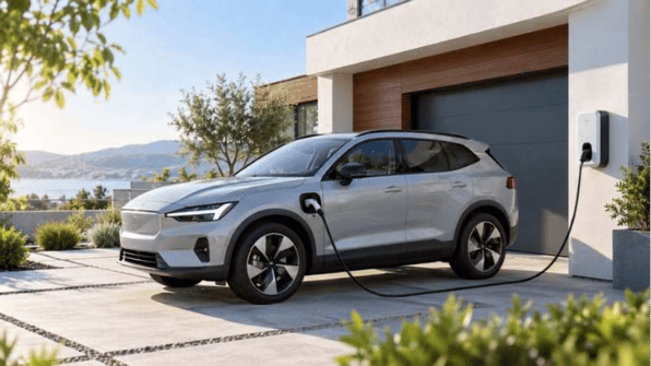 Auto eléctrico cargando en casa con cargador residencial