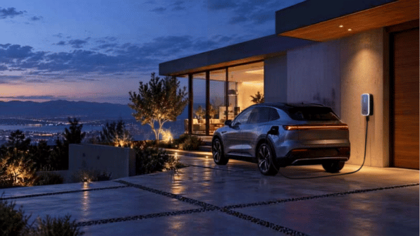 Auto eléctrico conectado a cargador residencial Nivel 2