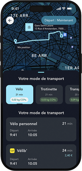 Mockup de l'application SNCF Connect présentant différent modes de transport pour se rendre en gare.