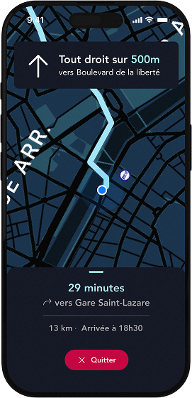 Mockup de l'application SNCF présentant l'itinéraire sur une carte.