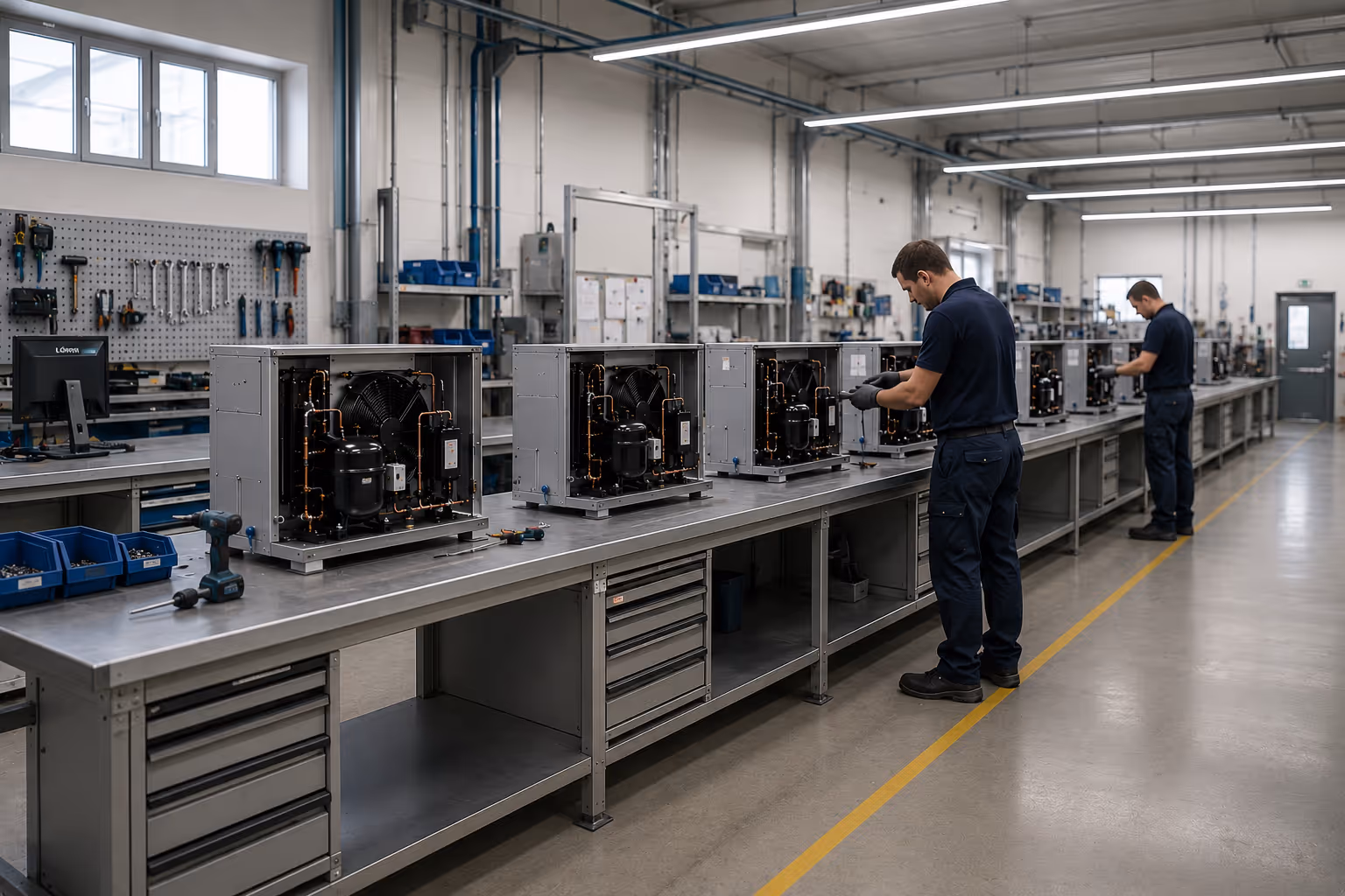 Zwei Kältetechniker arbeiten an einer OEM-Serienproduktion bei Wutke Kältetechnik