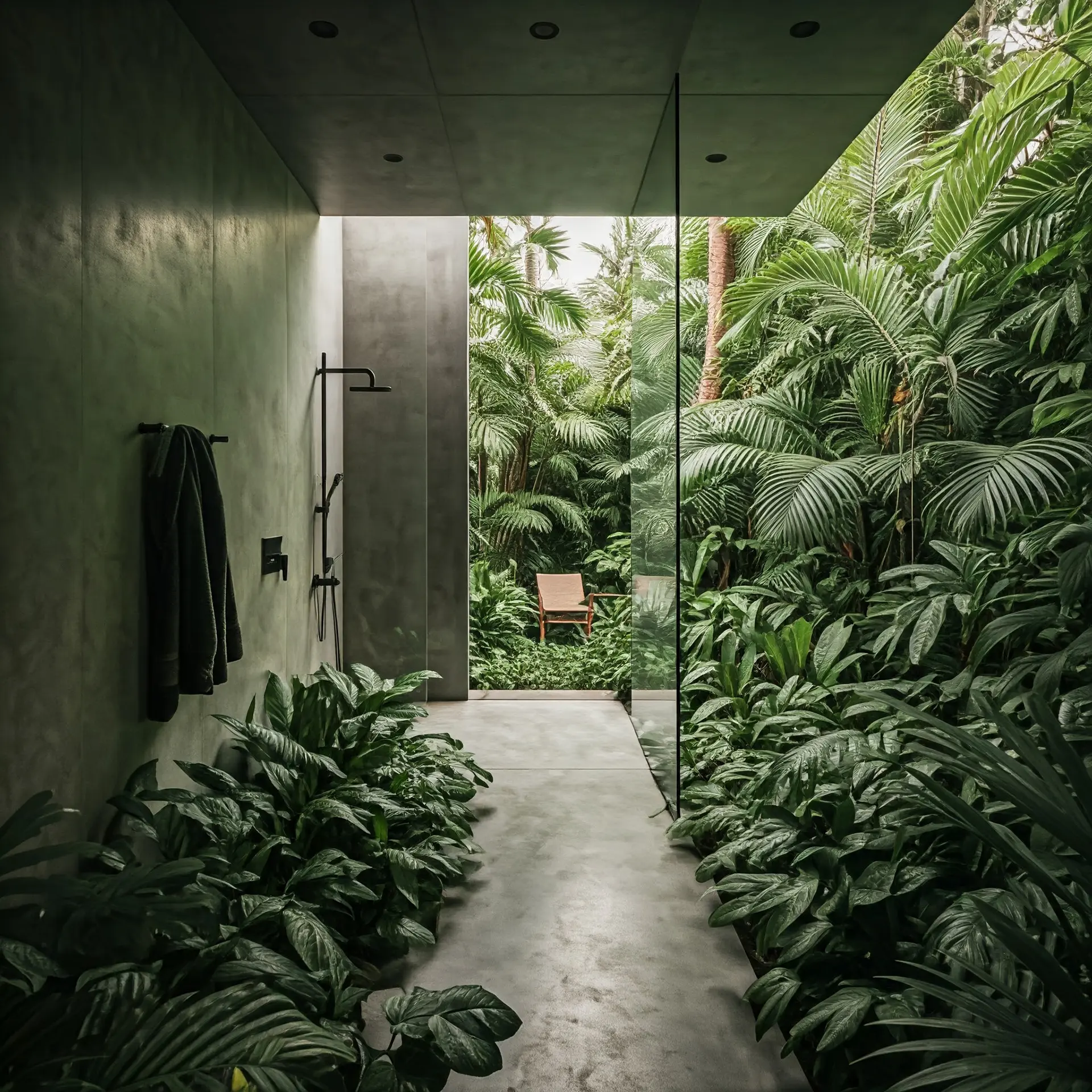 Modern shower area featuring a sleek black wall-mounted faucet, framed by lush tropical plants and enclosed by a transparent glass wall on the opposite side